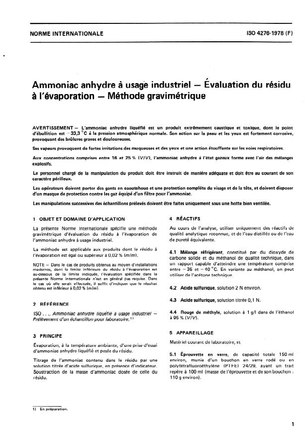 ISO 4276:1978 - Ammoniac anhydre a usage industriel -- Évaluation du résidu a l'evaporation -- Méthode gravimétrique