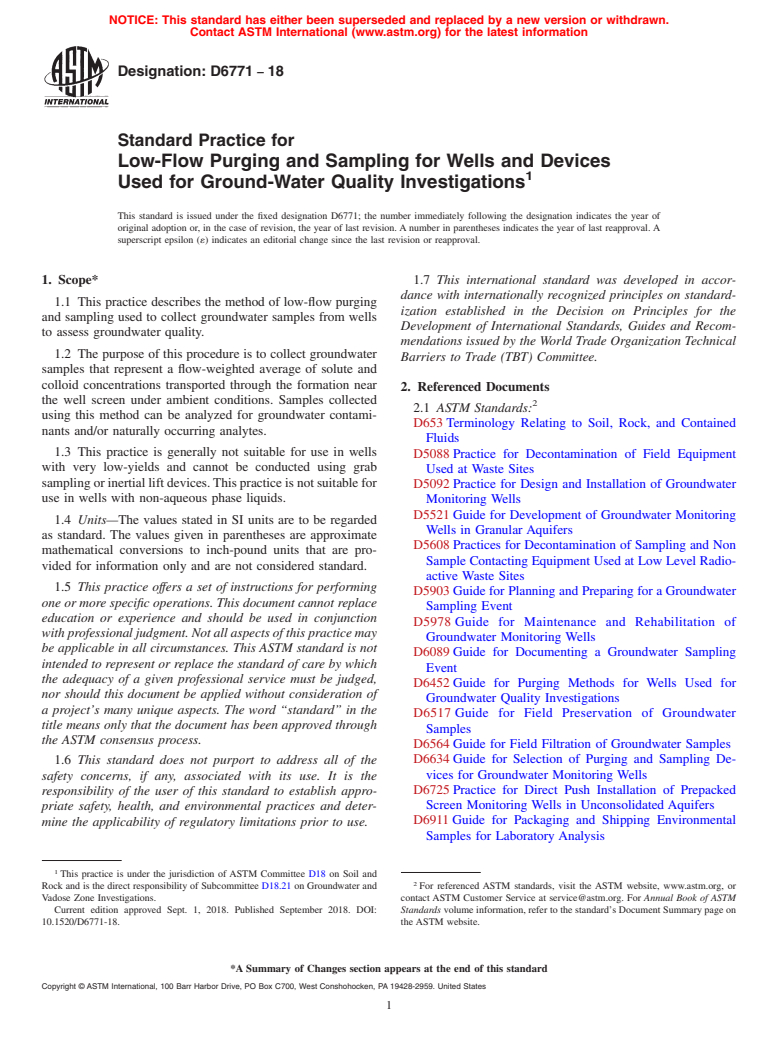 ASTM D6771-18 - Standard Practice for Low-Flow Purging and Sampling for Wells and Devices Used for  Ground-Water Quality Investigations