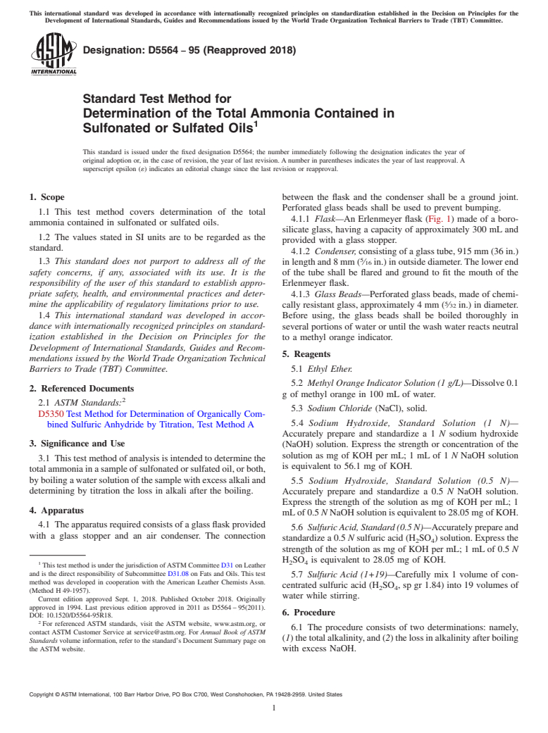 ASTM D5564-95(2018) - Standard Test Method for  Determination of the Total Ammonia Contained in Sulfonated  or Sulfated Oils