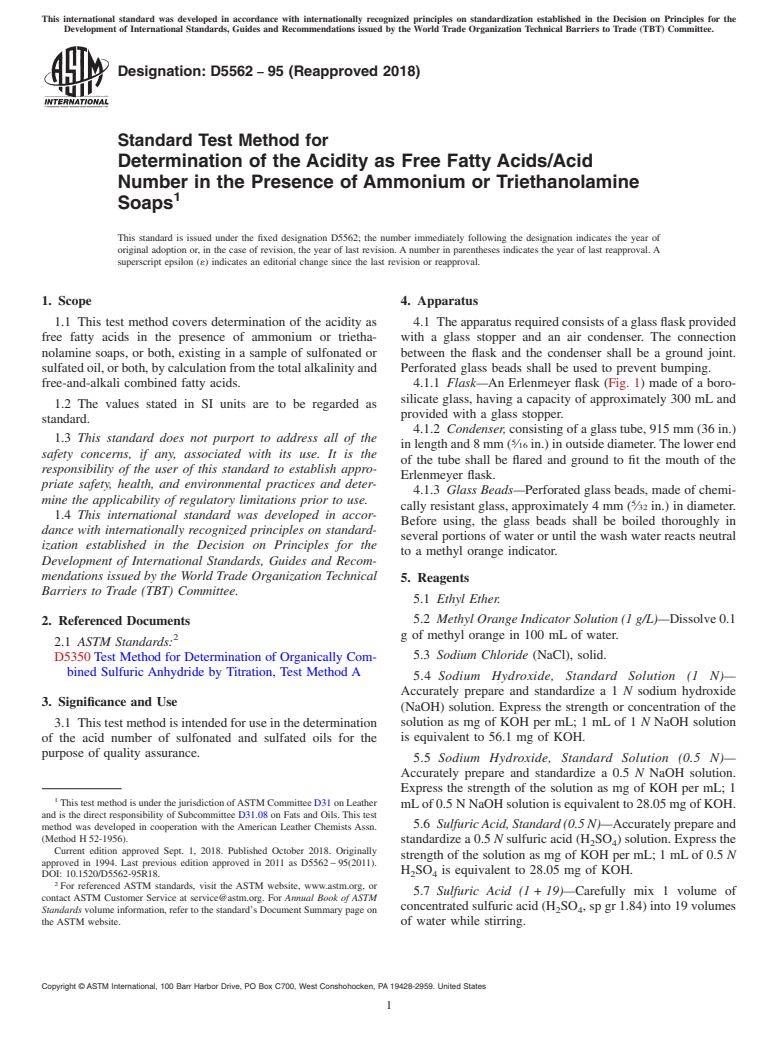 ASTM D5562-95(2018) - Standard Test Method for  Determination of the Acidity as Free Fatty Acids/Acid Number  in the Presence of Ammonium or Triethanolamine Soaps