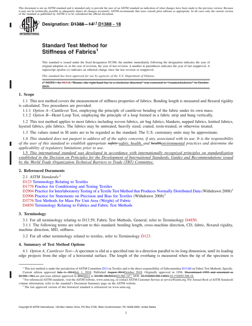 REDLINE ASTM D1388-18 - Standard Test Method for  Stiffness of Fabrics