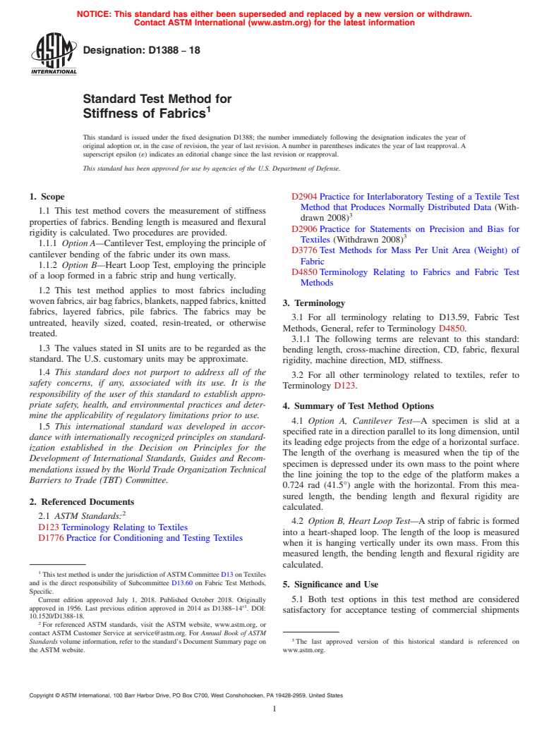 ASTM D1388-18 - Standard Test Method for  Stiffness of Fabrics