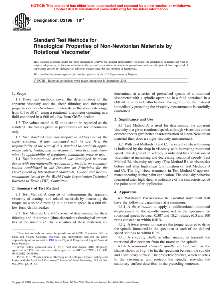 ASTM D2196-18e1 - Standard Test Methods for Rheological Properties of Non-Newtonian Materials by Rotational  Viscometer