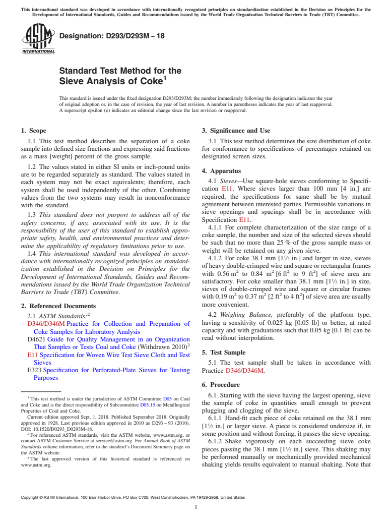 ASTM D293/D293M-18 - Standard Test Method for the  Sieve Analysis of Coke