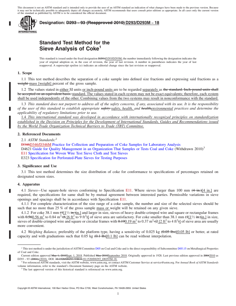 REDLINE ASTM D293/D293M-18 - Standard Test Method for the  Sieve Analysis of Coke