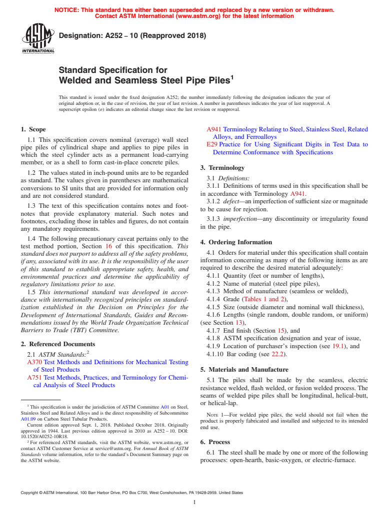 ASTM A252-10(2018) - Standard Specification for  Welded and Seamless Steel Pipe Piles