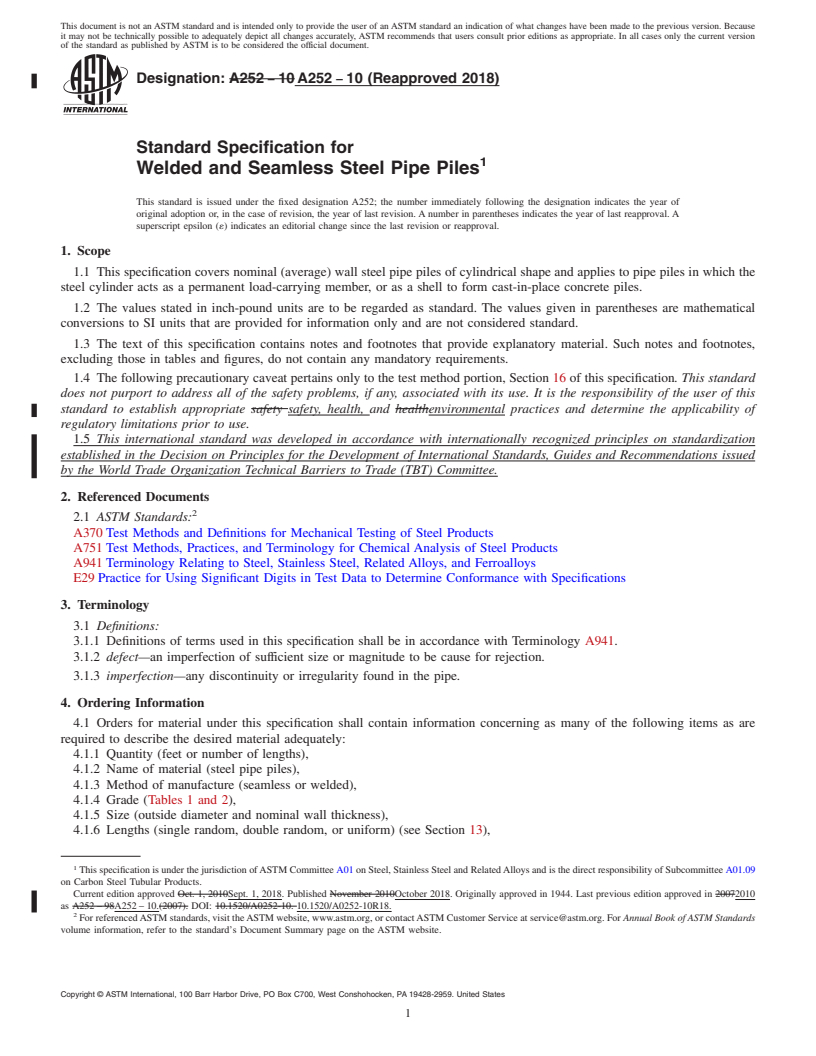 REDLINE ASTM A252-10(2018) - Standard Specification for  Welded and Seamless Steel Pipe Piles