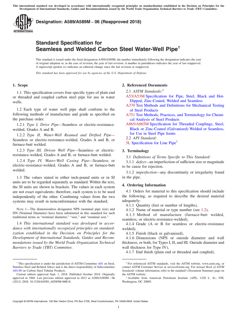 ASTM A589/A589M-06(2018) - Standard Specification for  Seamless and Welded Carbon Steel Water-Well Pipe