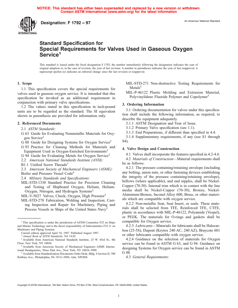 ASTM F1792-97 - Standard Specification for Special Requirements for Valves Used in Gaseous Oxygen Service