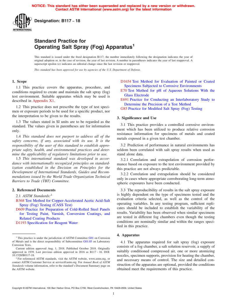 ASTM B117-18 - Standard Practice for  Operating Salt Spray (Fog) Apparatus