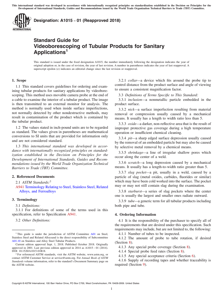 ASTM A1015-01(2018) - Standard Guide for  Videoborescoping of Tubular Products for Sanitary Applications