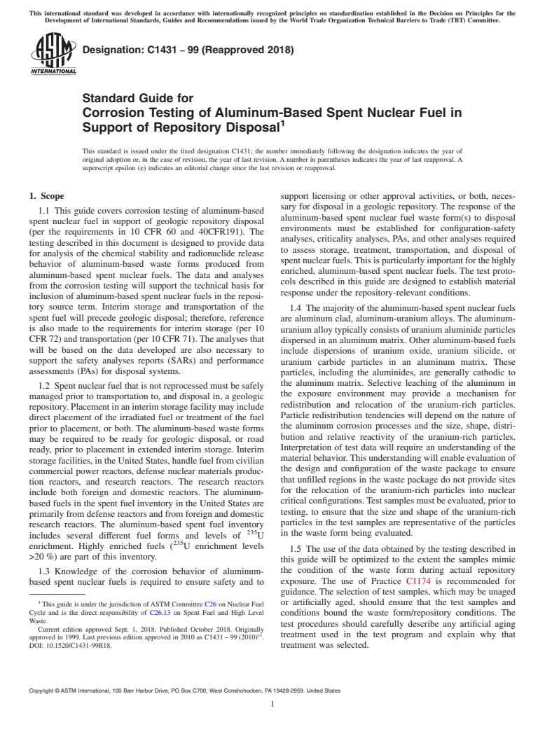 ASTM C1431-99(2018) - Standard Guide for  Corrosion Testing of Aluminum-Based Spent Nuclear Fuel in Support  of Repository Disposal