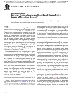 ASTM C1431-99(2018) ASTM C1431-99(2018) - Standard Guide for Corrosion Testing of Aluminum-Based Spent Nuclear Fuel in Support of Repository Disposal - Page 1 preview