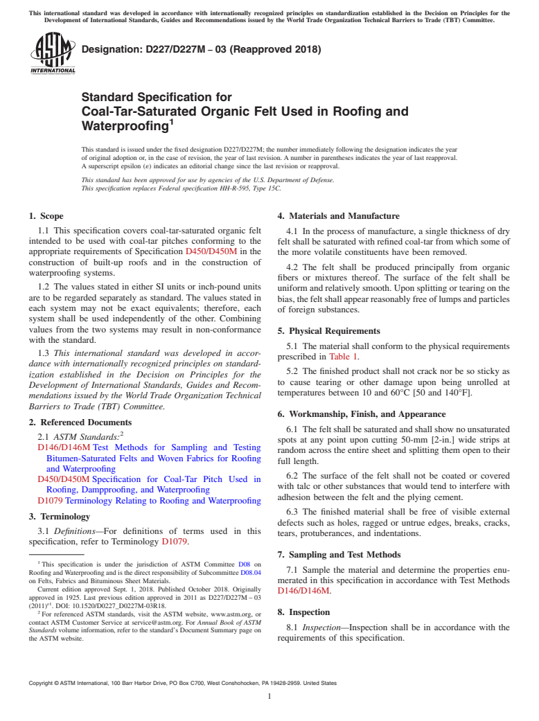 ASTM D227/D227M-03(2018) - Standard Specification for  Coal-Tar-Saturated Organic Felt Used in Roofing and Waterproofing