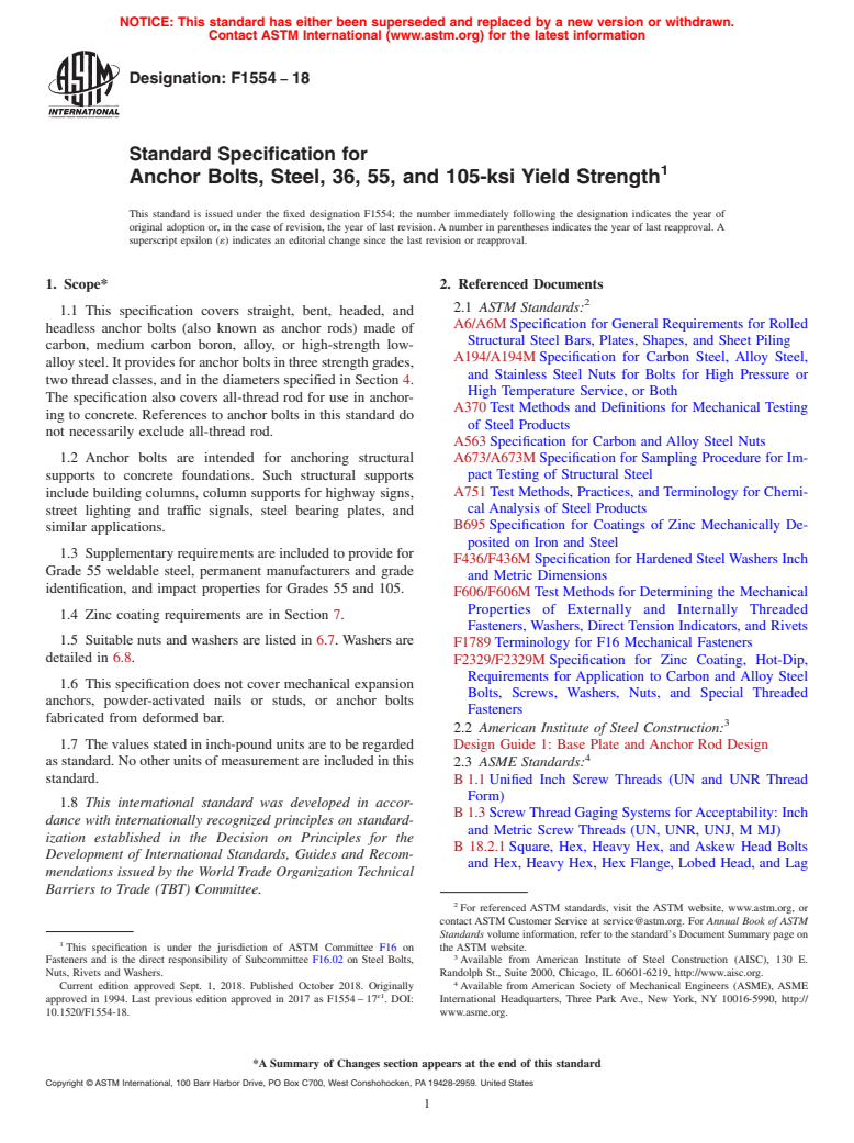 ASTM F1554-18 - Standard Specification for  Anchor Bolts, Steel, 36, 55, and 105-ksi Yield Strength