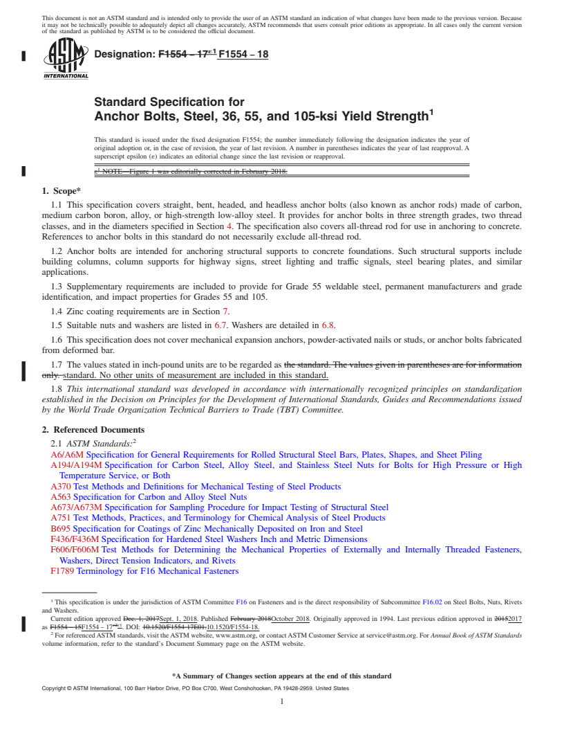 REDLINE ASTM F1554-18 - Standard Specification for  Anchor Bolts, Steel, 36, 55, and 105-ksi Yield Strength