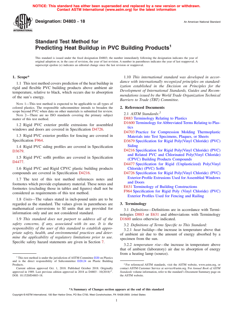 ASTM D4803-18 - Standard Test Method for  Predicting Heat Buildup in PVC Building Products