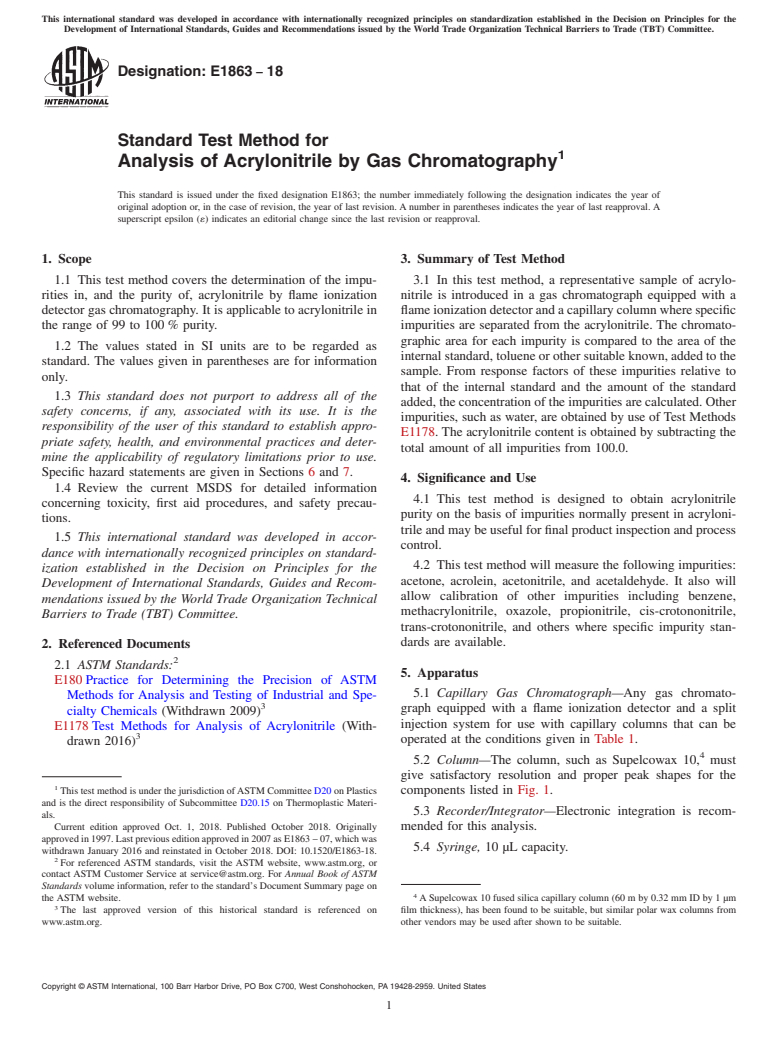 ASTM E1863-18 - Standard Test Method for  Analysis of Acrylonitrile by Gas Chromatography