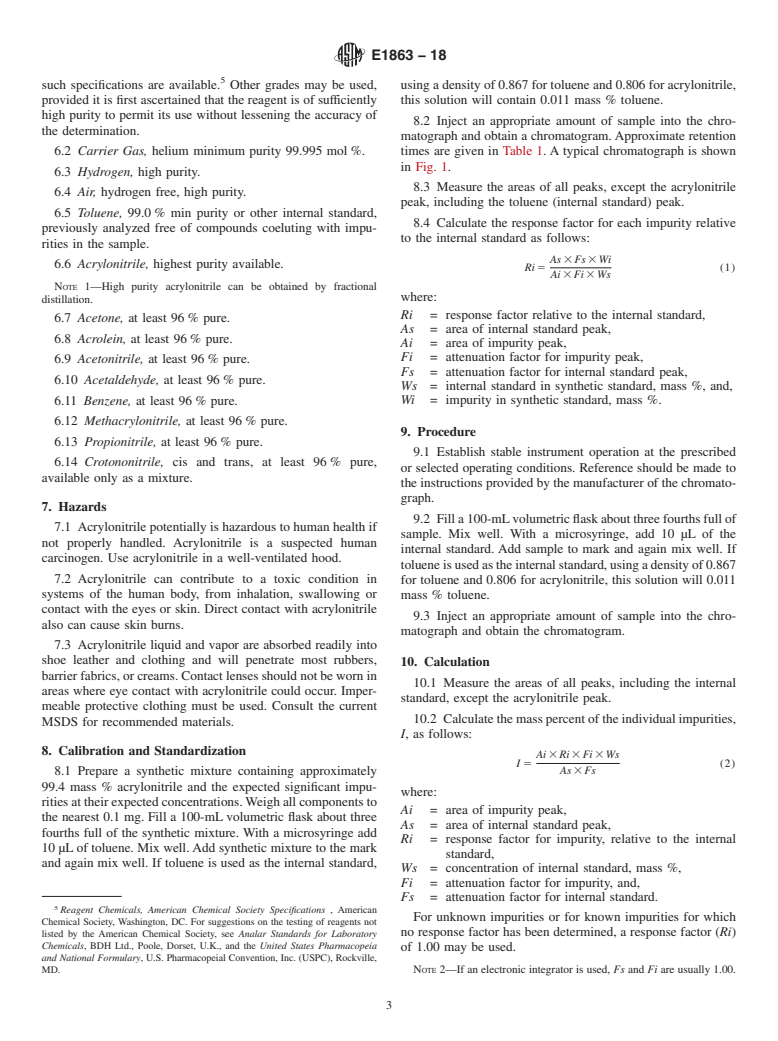 ASTM E1863-18 - Standard Test Method for  Analysis of Acrylonitrile by Gas Chromatography