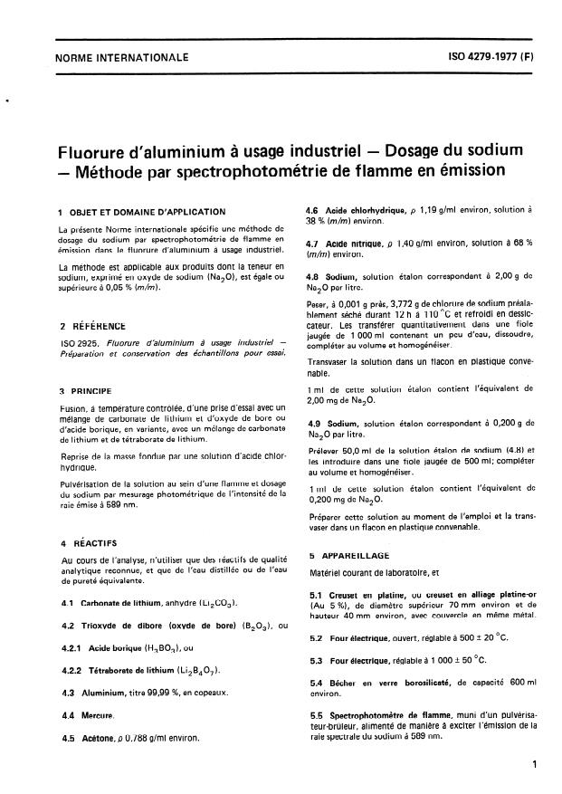 ISO 4279:1977 - Fluorure d'aluminium a usage industriel -- Dosage du sodium -- Méthode par spectrophotométrie de flamme en émission