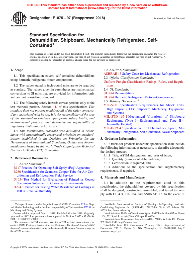 ASTM F1075-97(2018) - Standard Specification for  Dehumidifier, Shipboard, Mechanically Refrigerated, Self-Contained