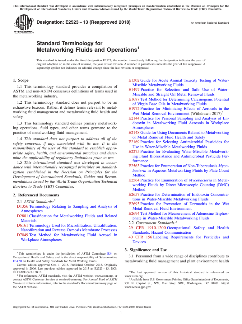 ASTM E2523-13(2018) - Standard Terminology for  Metalworking Fluids and Operations