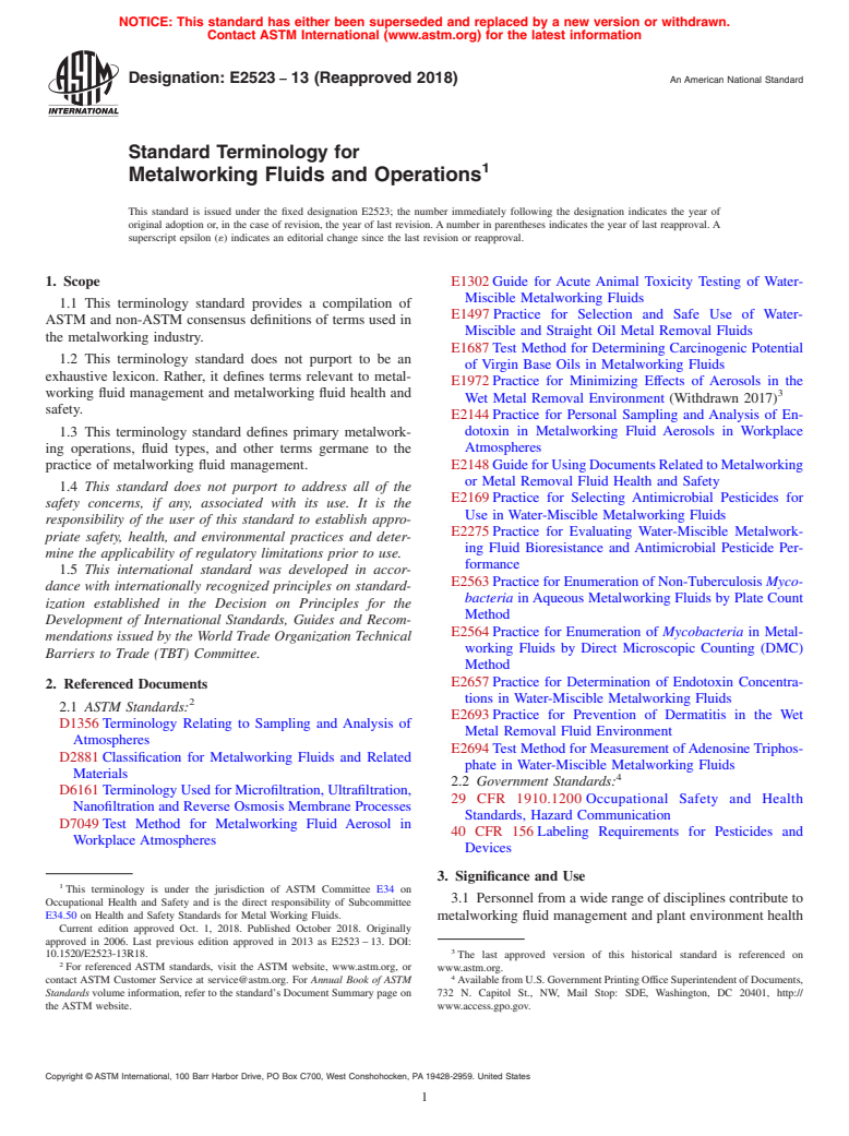 ASTM E2523-13(2018) - Standard Terminology for  Metalworking Fluids and Operations