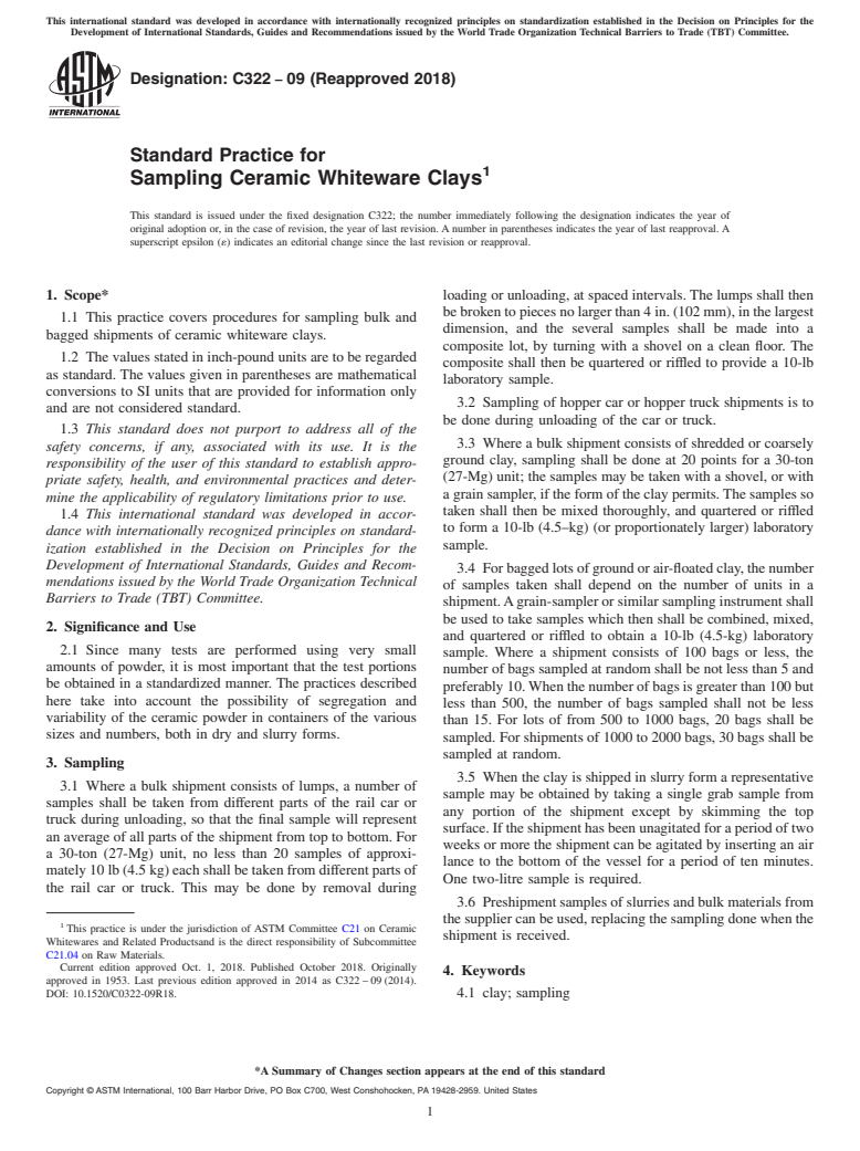 ASTM C322-09(2018) - Standard Practice for  Sampling Ceramic Whiteware Clays