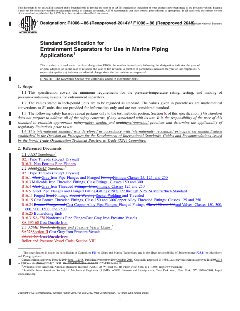 REDLINE ASTM F1006-86(2018) - Standard Specification for  Entrainment Separators for Use in Marine Piping Applications