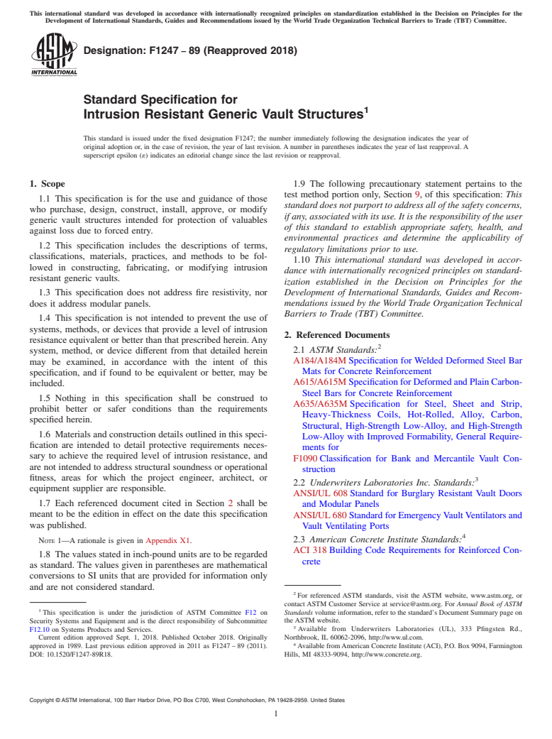 ASTM F1247-89(2018) - Standard Specification for  Intrusion Resistant Generic Vault Structures