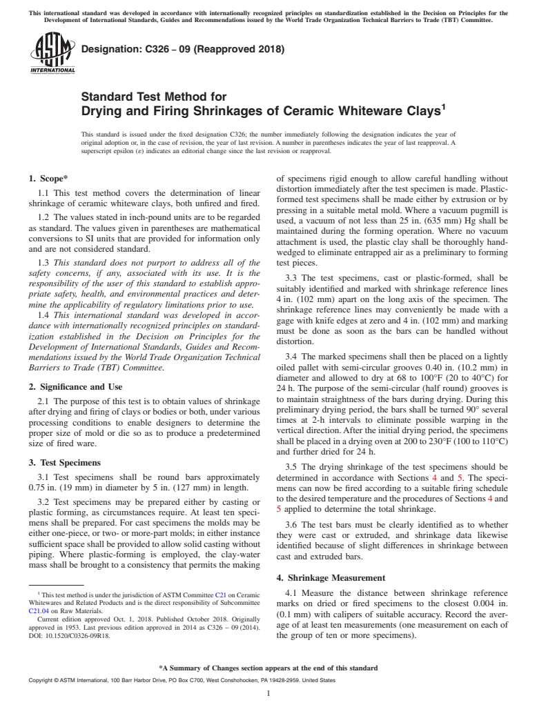 ASTM C326-09(2018) - Standard Test Method for  Drying and Firing Shrinkages of Ceramic Whiteware Clays