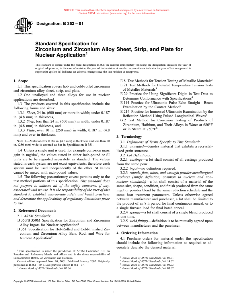 ASTM B352-01 - Standard Specification for Zirconium and Zirconium Alloy Sheet, Strip, and Plate for Nuclear Application