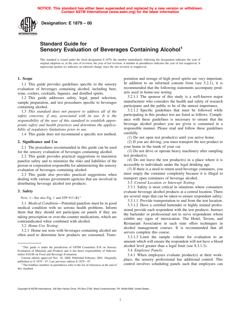 ASTM E1879-00 - Standard Guide for Sensory Evaluation of Beverages Containing Alcohol