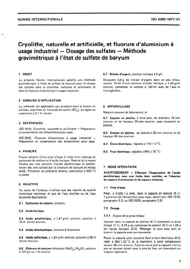 ISO 4280:1977 - Cryolithe, naturelle et artificielle, et fluorure d'aluminium a usage industriel -- Dosage des sulfates -- Méthode gravimétrique a l'état de sulfate de baryum