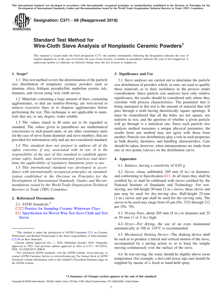 ASTM C371-09(2018) - Standard Test Method for  Wire-Cloth Sieve Analysis of Nonplastic Ceramic Powders