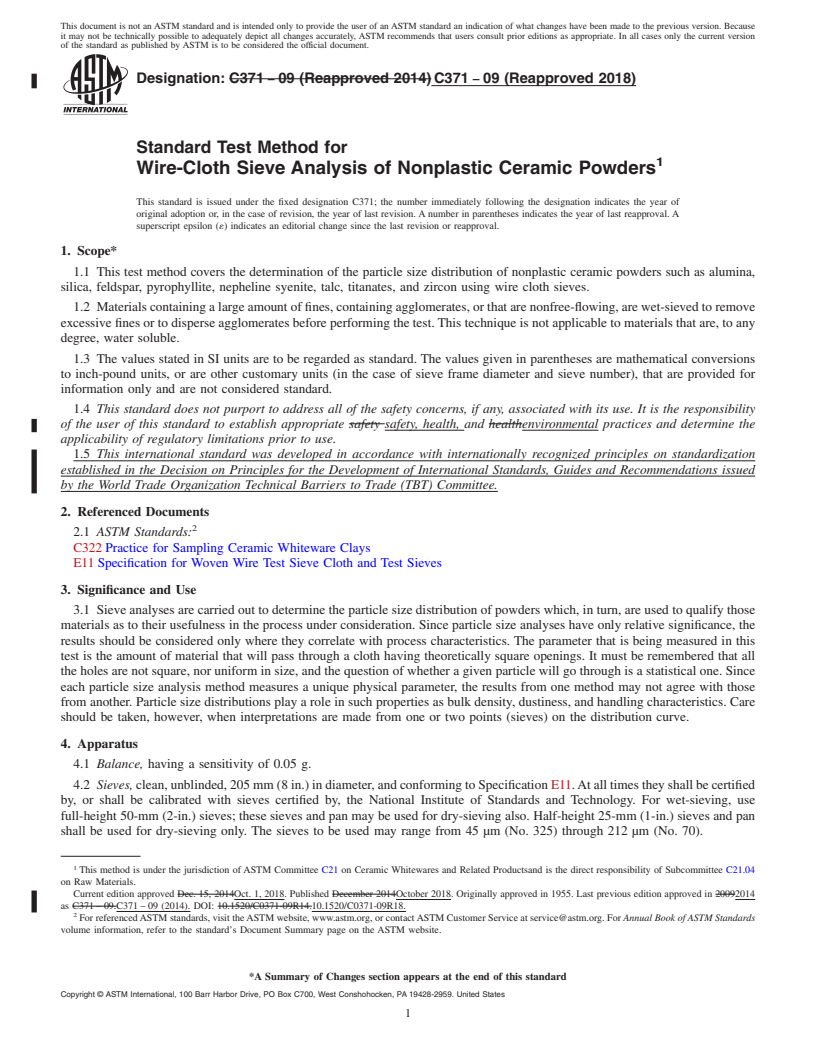 REDLINE ASTM C371-09(2018) - Standard Test Method for  Wire-Cloth Sieve Analysis of Nonplastic Ceramic Powders