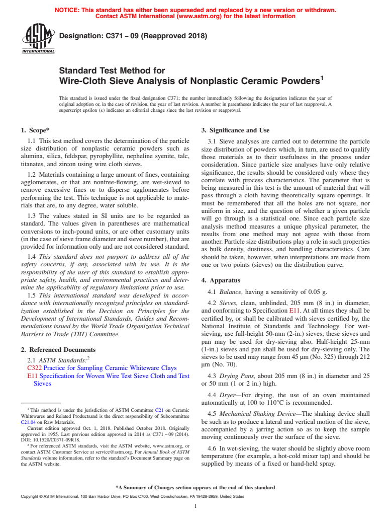 ASTM C371-09(2018) - Standard Test Method for  Wire-Cloth Sieve Analysis of Nonplastic Ceramic Powders