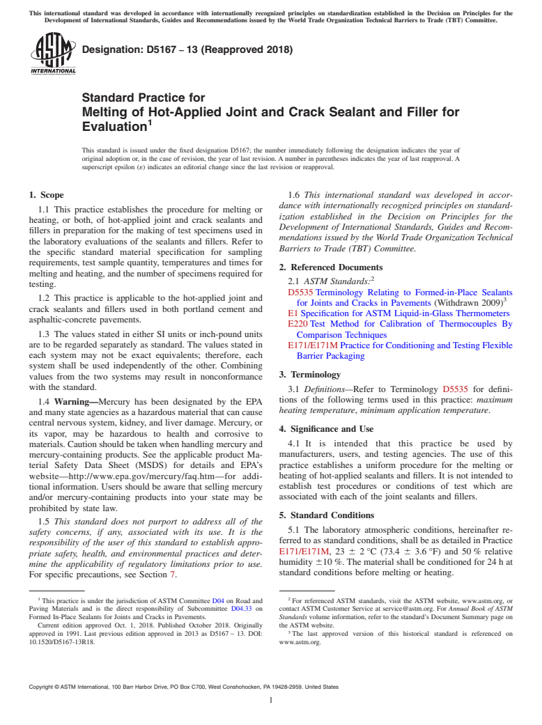 ASTM D5167-13(2018) - Standard Practice for Melting of Hot-Applied Joint and Crack Sealant and Filler for  Evaluation