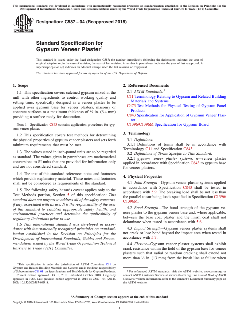 ASTM C587-04(2018) - Standard Specification for  Gypsum Veneer Plaster