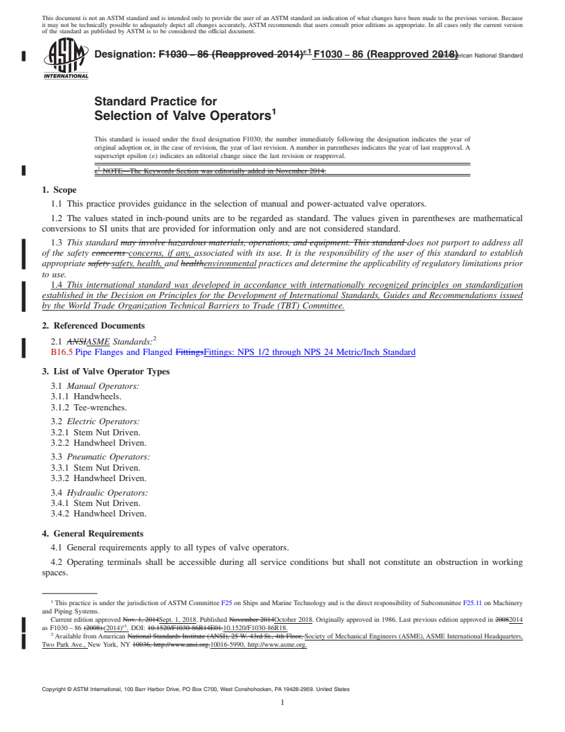 REDLINE ASTM F1030-86(2018) - Standard Practice for  Selection of Valve Operators