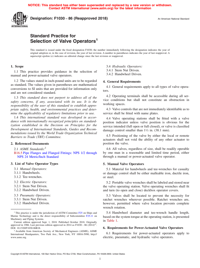 ASTM F1030-86(2018) - Standard Practice for  Selection of Valve Operators