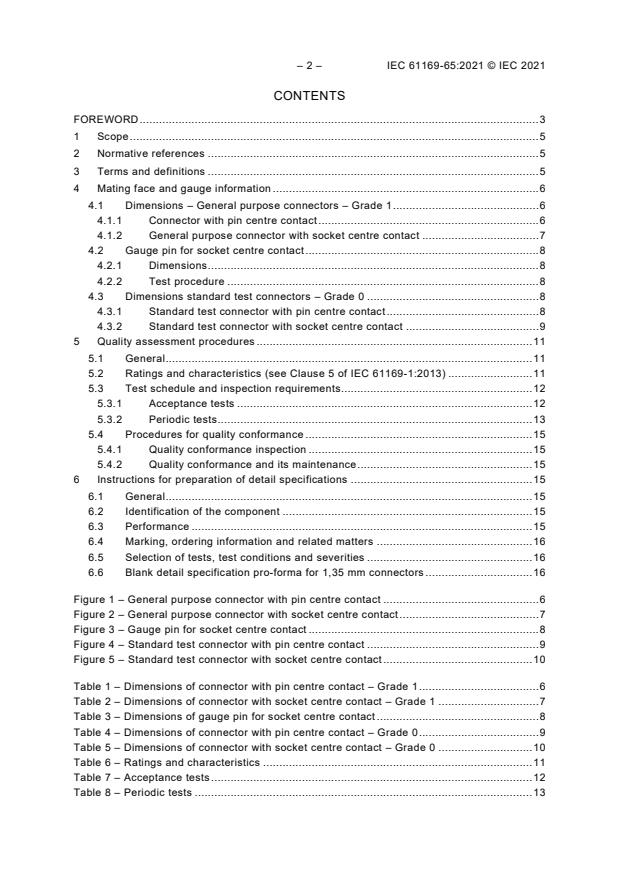 IEC 61169-65:2021 IEC 61169-65:2021 - Radio-frequency connectors - Part 65: Sectional specification for RF coaxial connectors, 1,35 mm inner diameter of outer conductor, with screw-coupling, characteristic impedance 50 Ω - Page 4 preview