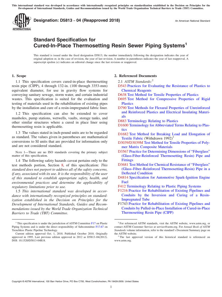ASTM D5813-04(2018) - Standard Specification for  Cured-In-Place Thermosetting Resin Sewer Piping Systems