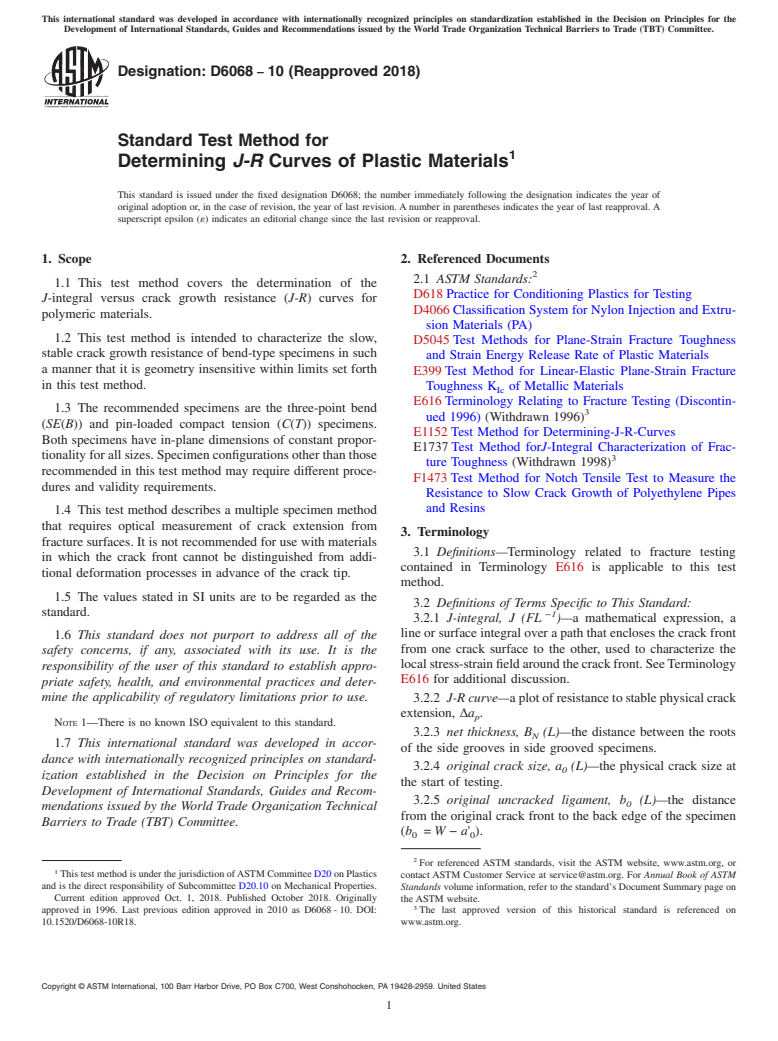 ASTM D6068-10(2018) - Standard Test Method for  Determining <emph type="bdit">J-R </emph>Curves of Plastic  Materials