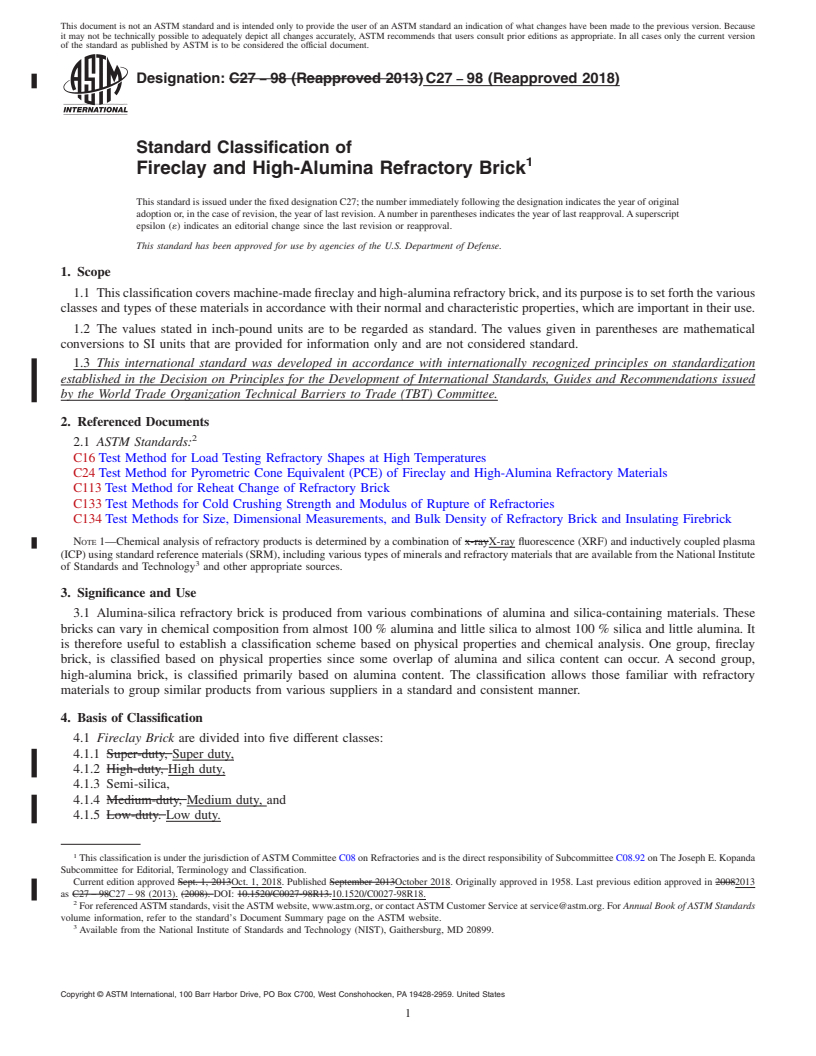 REDLINE ASTM C27-98(2018) - Standard Classification of  Fireclay and High-Alumina Refractory Brick