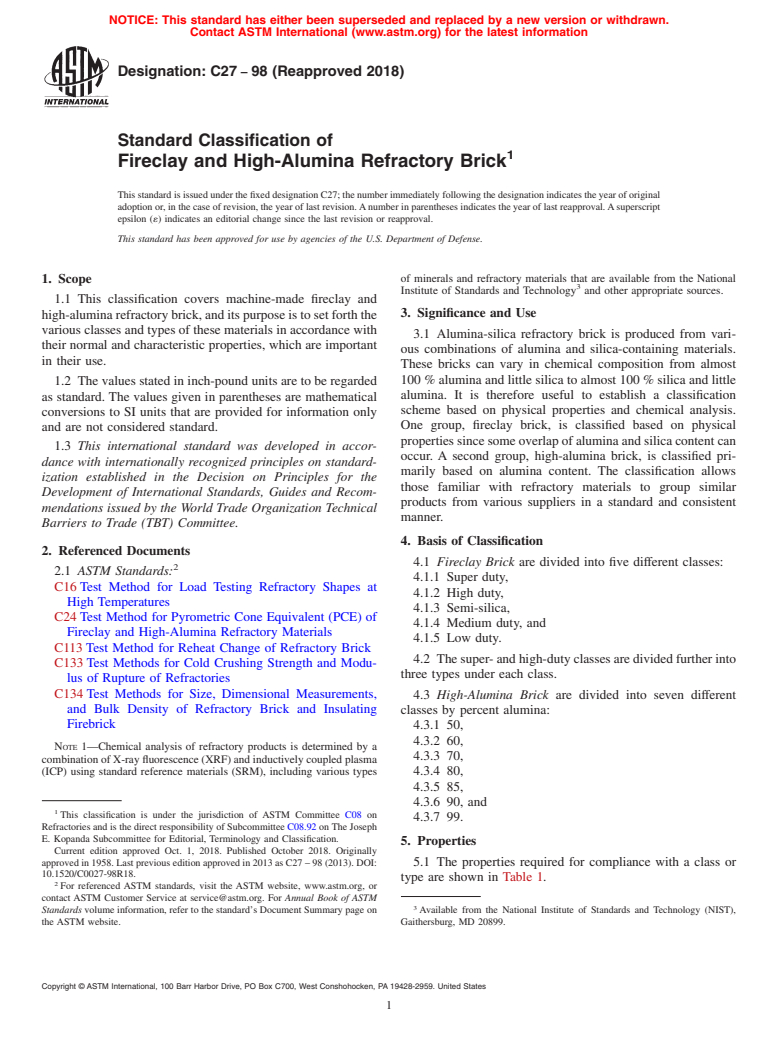 ASTM C27-98(2018) - Standard Classification of  Fireclay and High-Alumina Refractory Brick