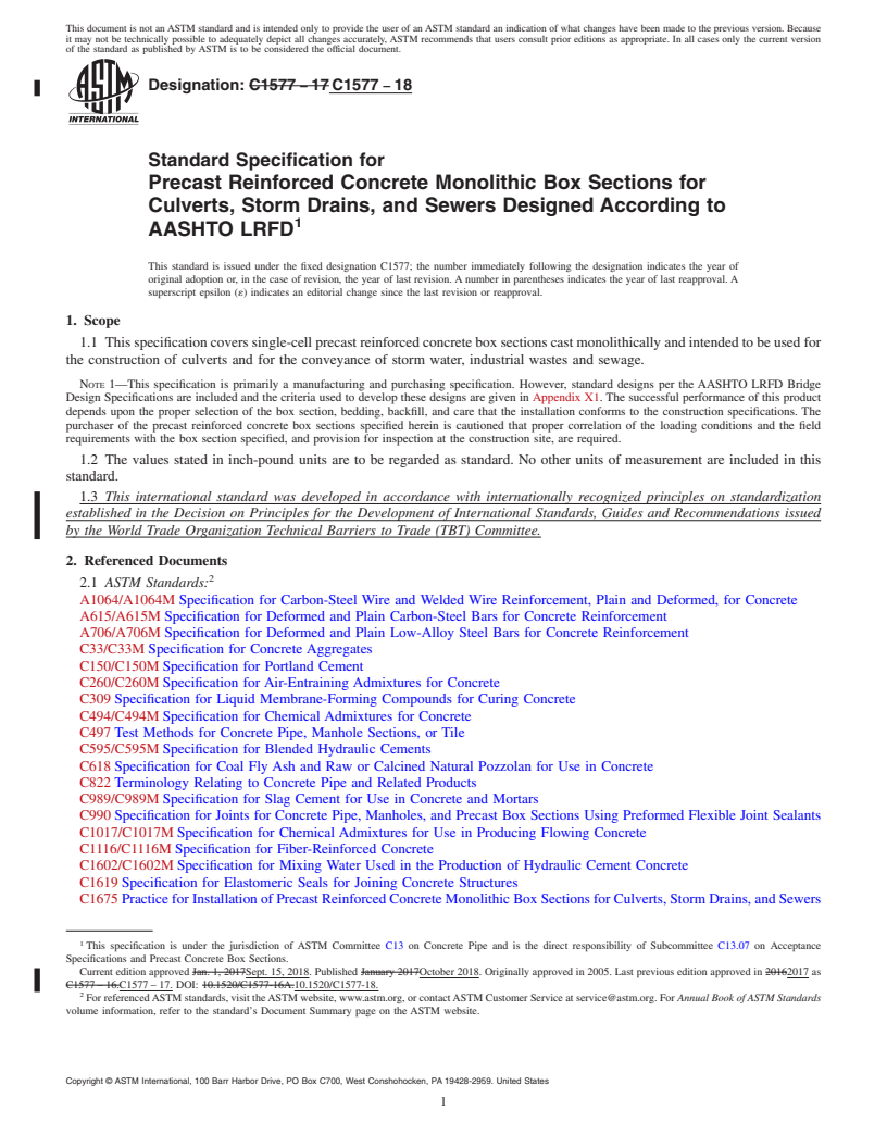 REDLINE ASTM C1577-18 - Standard Specification for Precast Reinforced Concrete Monolithic Box Sections for Culverts,  Storm Drains, and Sewers Designed According to AASHTO LRFD