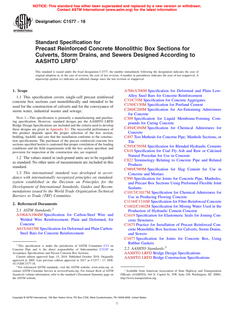 ASTM C1577-18 - Standard Specification for Precast Reinforced Concrete Monolithic Box Sections for Culverts,  Storm Drains, and Sewers Designed According to AASHTO LRFD