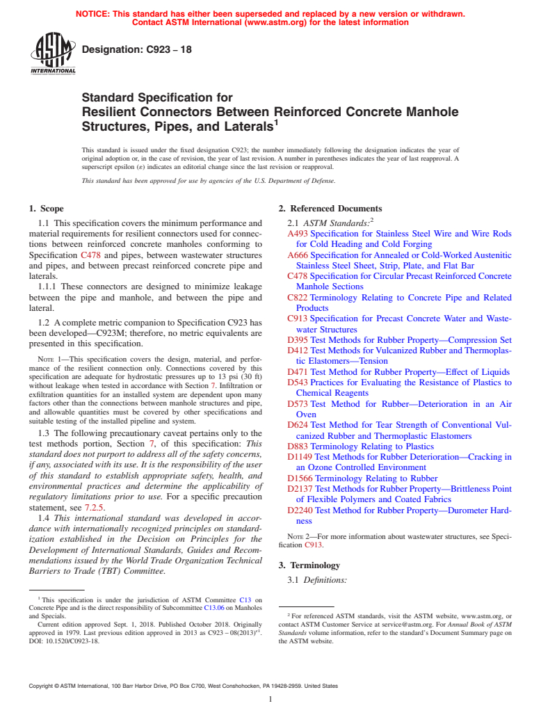 ASTM C923-18 - Standard Specification for  Resilient Connectors Between Reinforced Concrete Manhole Structures,  Pipes, and Laterals