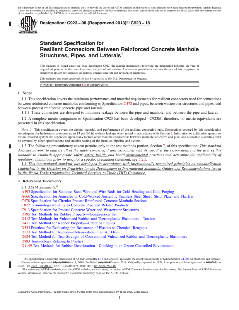 REDLINE ASTM C923-18 - Standard Specification for  Resilient Connectors Between Reinforced Concrete Manhole Structures,  Pipes, and Laterals